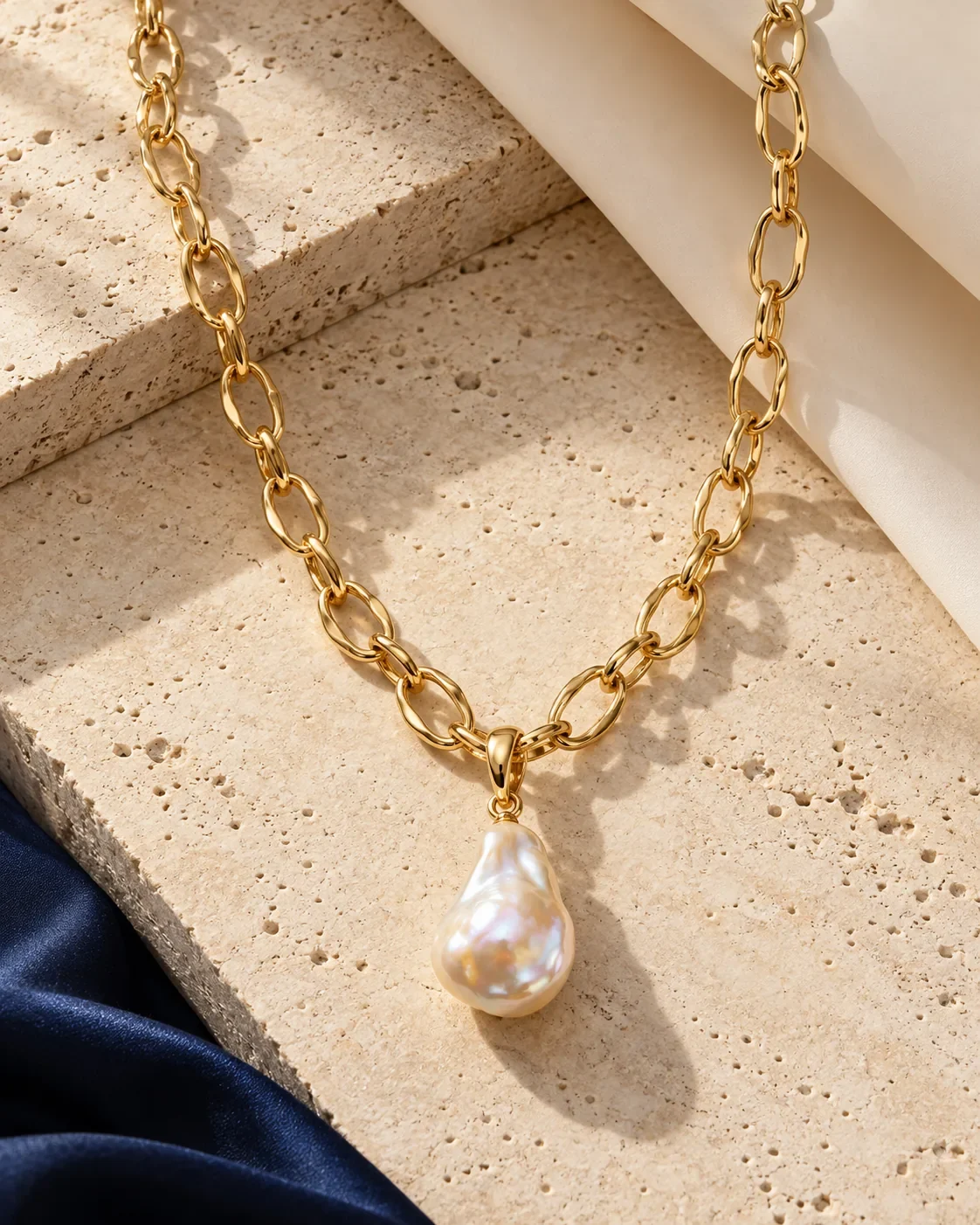 A gold-tone necklace with a pearl-style pendant